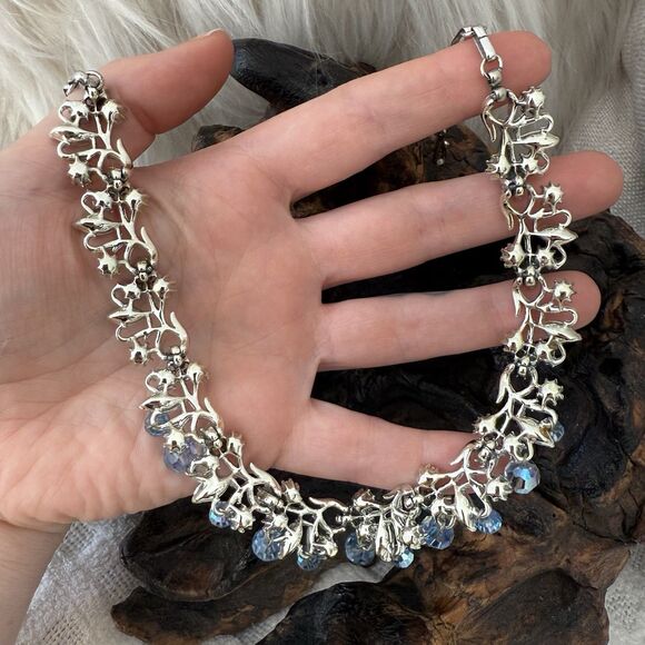 Vintage Coro 3 PC Set Demi-Parure Blue AB Auroa Borealis Dangle Bead Silver Tone - Picture 10 of 16